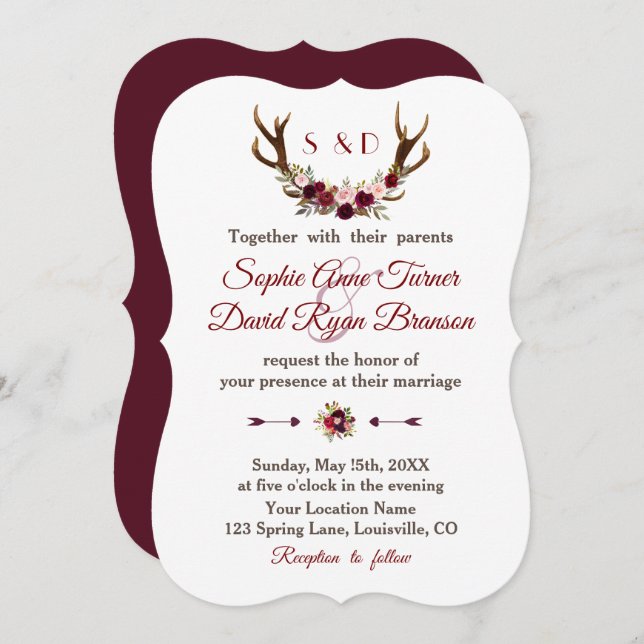 Invitation Chic Bourgogne Marsala Floral Antlers Mariage (Devant / Derrière)