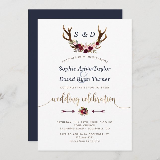 Invitation Chic Bourgogne Marsala Floral Antlers Mariage Or (Devant / Derrière)