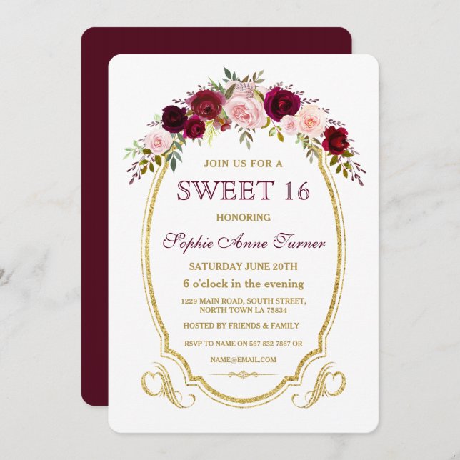Invitation Chic Bourgogne Marsala Floral Fall SWEET 16 (Devant / Derrière)