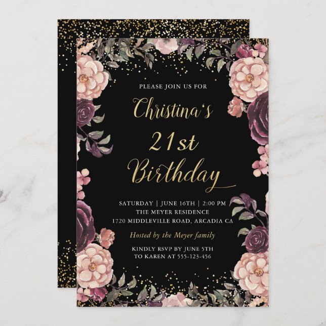Invitation Chic Bourgogne rose Floral Noir fête d'anniversair (Devant / Derrière)