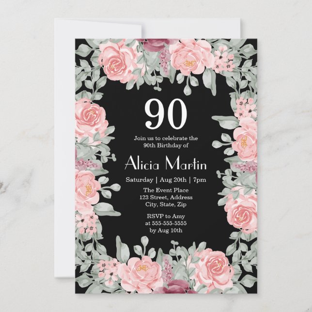 Invitation Chic Bourgogne rose Roses Flora Black 90e annivers (Devant)
