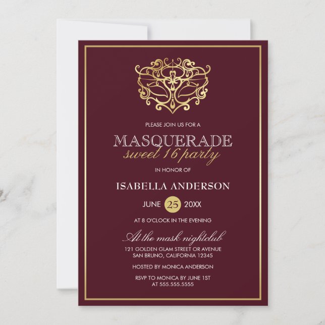 Invitation Chic Bourgogne Rouge & Or Masquerade Sweet 16 Part (Devant)