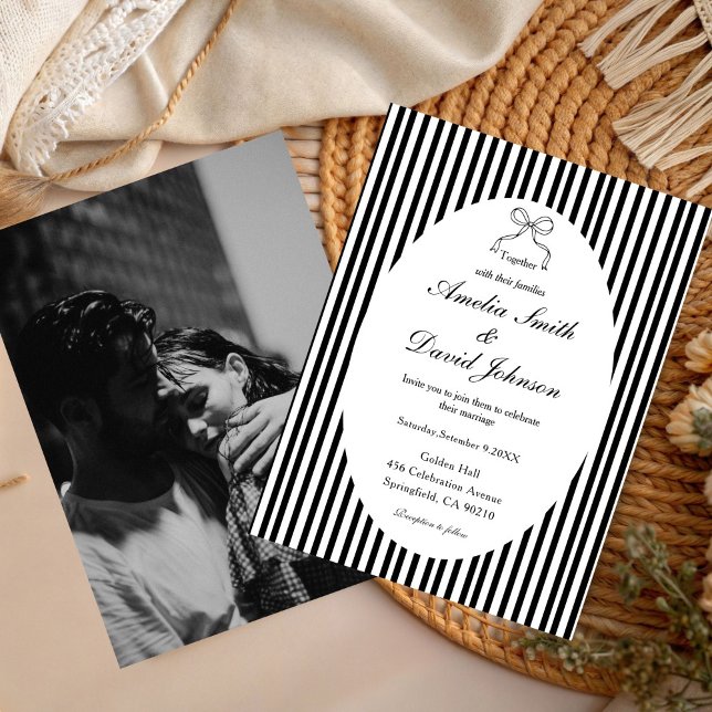 Invitation Chic Bow Minimalist Stripe Black white Wedding  (Créateur téléchargé)