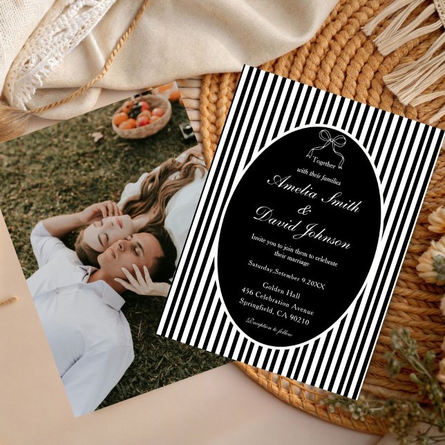 Invitation Chic Bow Minimalist Stripe Black white Wedding  (Créateur téléchargé)