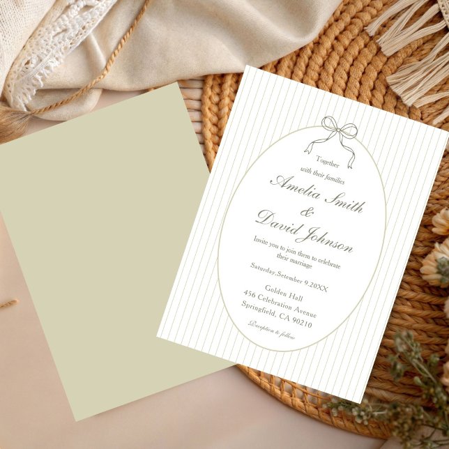 Invitation Chic Bow Minimalist Stripe Green Wedding  (Créateur téléchargé)