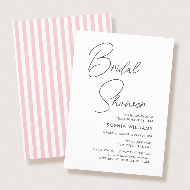 Invitation Chic Bridal Shower Modern Script Pink Stripes (Créateur téléchargé)