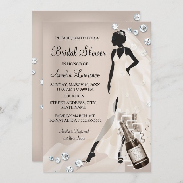 Invitation Chic Bride beige étincelle Fête des mariées diaman (Devant / Derrière)