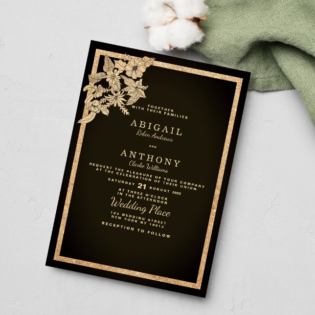 Invitation Chic brun foncé parties scintillant Mariage à fleu (Chic dark brown gold glitter floral Wedding )