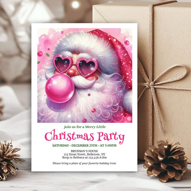 Invitation Chic bubble gum rose Santa Noël aquarelle  (Chic pink santa bubble gum watercolor Christmas invite)