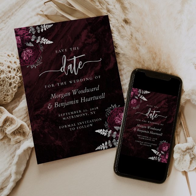 Invitation Chic Burgundy Argent Floral Mariage Save the Date (Créateur téléchargé)