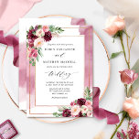 Invitation Chic Burgundy Blush Aquarelle et Mariage Floral<br><div class="desc">Dégustez votre famille et vos amis avec cette élégante invitation de mariage avec une délicate tache d'aquarelle en cascade derrière les détails de l'invitation et d'exquises vaporisations florales du coin aquarelle dans un magnifique mélange de bordeaux, rose, rougis, roses, baies et mauves. Cadres de feuille d'or rose invitant. Aptitude à...</div>