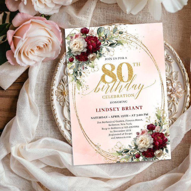 Invitation Chic Burgundy Blush Floral 80th Birthday Invites (Chic Burgundy Blush Floral 80th Birthday Invitation)