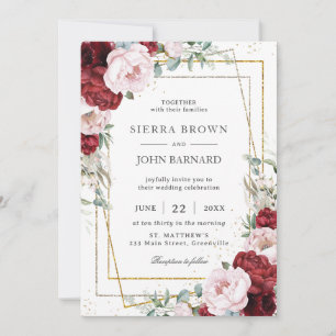 Invitation Chic Burgundy Blush Peonies Floral géométrique