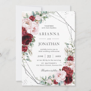Invitation Chic Burgundy Blush Peonies Floral Silver Mariage