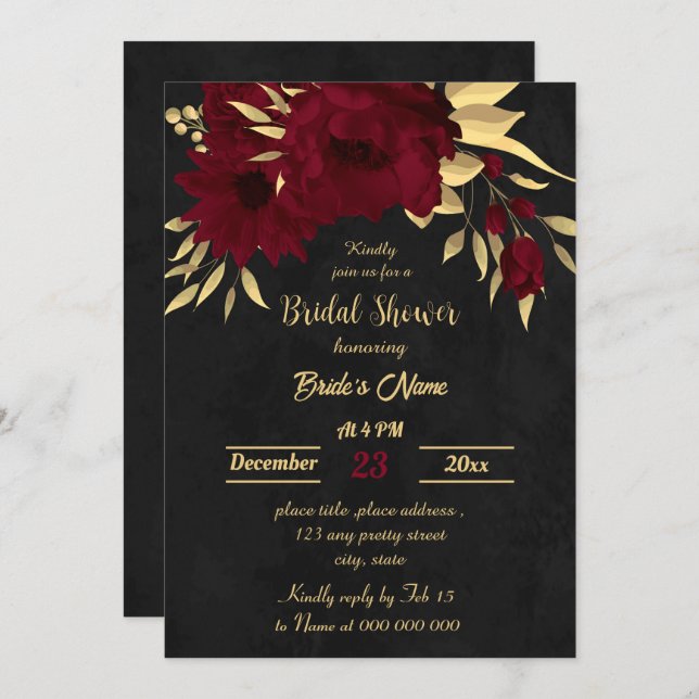 Invitation Chic burgundy et doré noir nuptiale douche (Devant / Derrière)