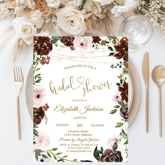 Invitation Chic Burgundy Flowers String Lights Bridal Shower (Créateur téléchargé)