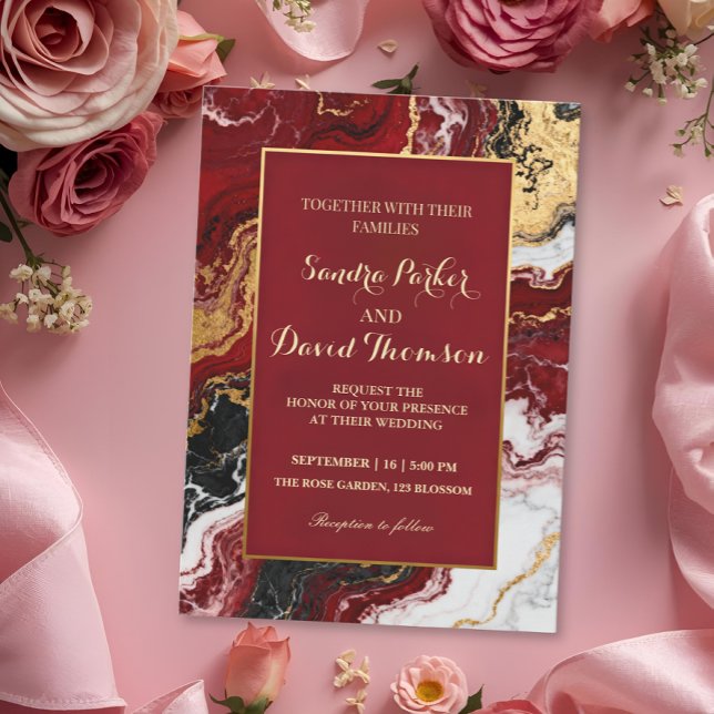 Invitation Chic Burgundy Gold Agate Marble Modern Wedding  (Créateur téléchargé)