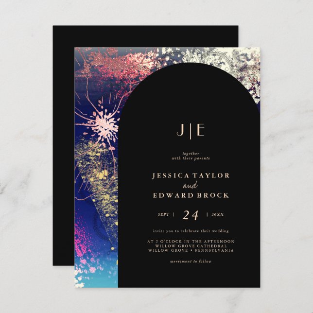 Invitation Chic Burgundy Gold Blue Botanical Carré Mariage (Devant / Derrière)