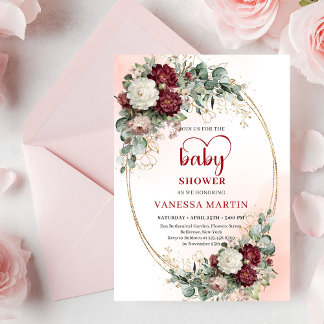Invitation Chic Burgundy Gold Heart-Shaped Font Baby Shower 