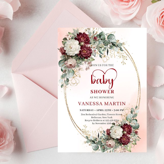 Invitation Chic Burgundy Gold Heart-Shaped Font Baby Shower  (Chic Burgundy Gold Heart-Shaped Font Baby Shower Invitation)