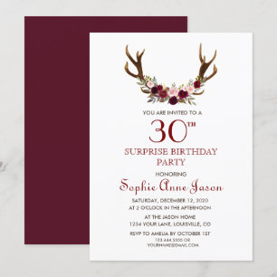 Invitation Chic Burgundy Marsala Floral Antlers 50th Birthday