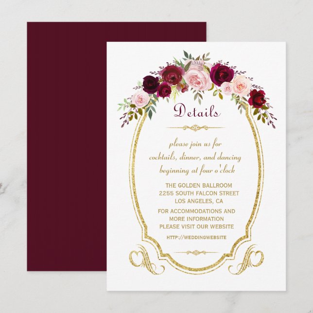 Invitation Chic Burgundy Marsala Floral Détails du Mariage de (Devant / Derrière)