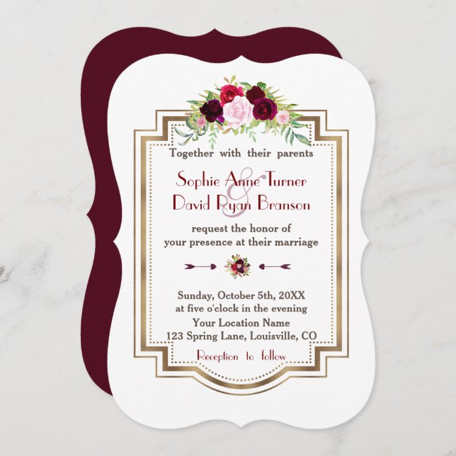Invitation Chic Burgundy Marsala Floral Mariage de automne or (Devant / Derrière)