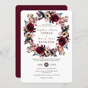 Invitation Chic Burgundy Pêcher Floral Mariage Wreath