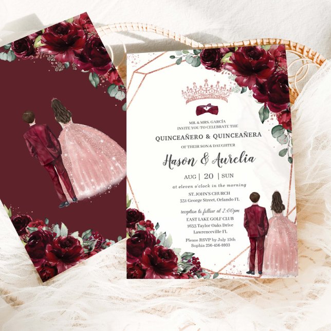 Invitation Chic Burgundy Rose Gold Twins Boy Girl Quinceanera (Créateur téléchargé)