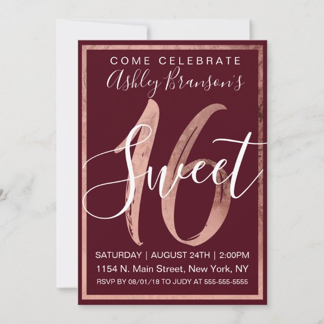 Invitation Chic Burgundy White Faux Rose Gold Foil Sweet 16 (Devant)