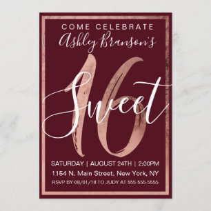 Invitation Chic Burgundy White Faux Rose Gold Foil Sweet 16
