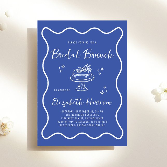 Invitation Chic Cadre Ondulé Bleu Français Brunch de Mariage (Chic Wavy Frame French Blue Bridal Brunch Shower Invitation)