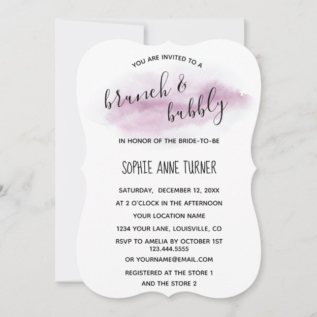 Invitation Chic calligraphie Aquarelle rose Brunch & Bubbly (Devant)