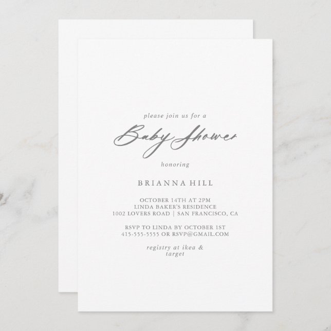 Invitation Chic Calligraphie Baby shower argent (Devant / Derrière)