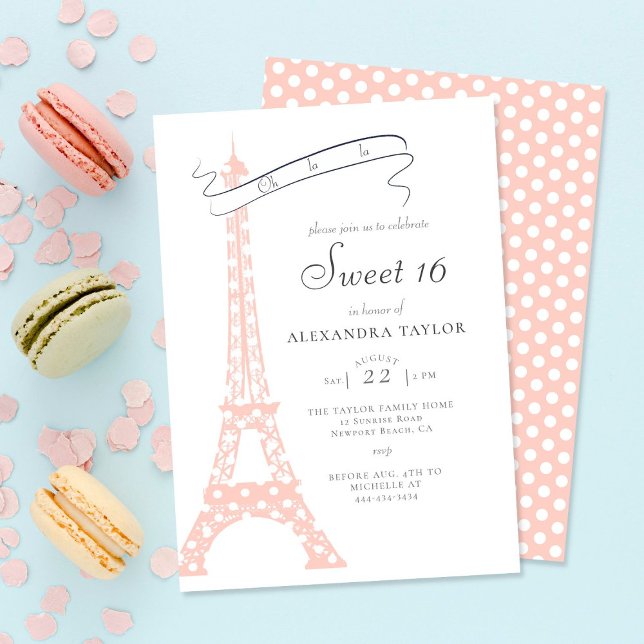 Invitation Chic Calligraphie Eiffel Paris Pois Sweet 16 (Créateur téléchargé)