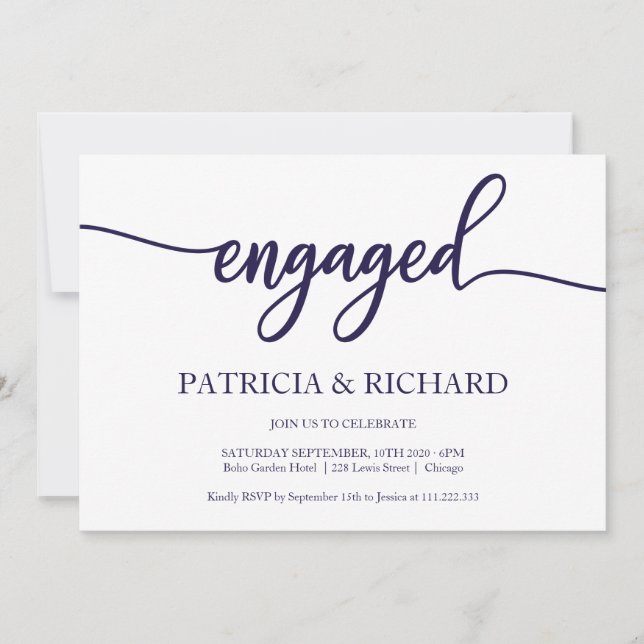 Invitation Chic Calligraphie Marine Blue White Engagement Par (Devant)