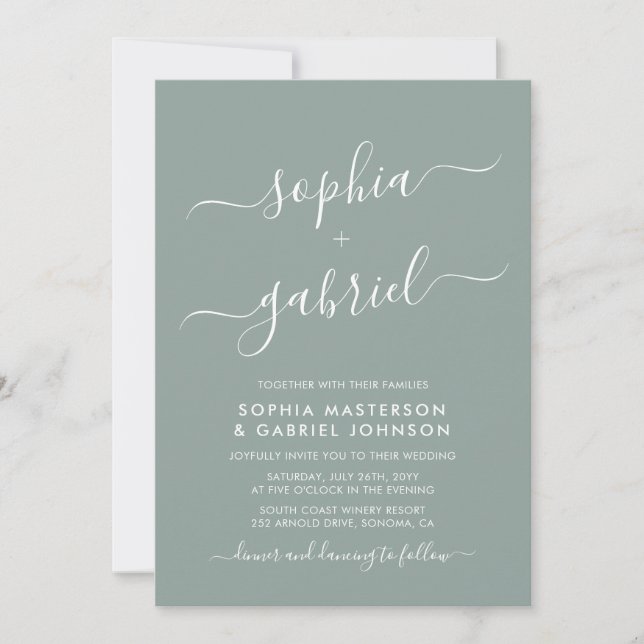 Invitation Chic Calligraphie Monogramme Sage Mariage vert (Devant)