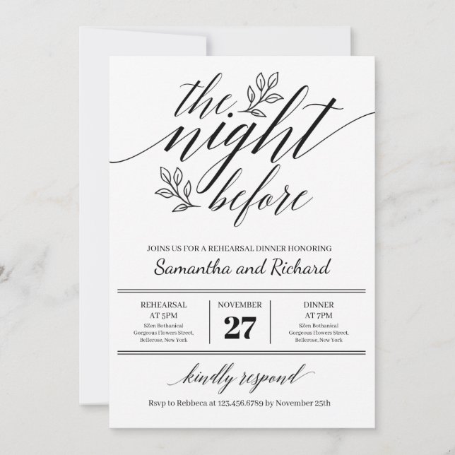 Invitation Chic calligraphie ornement floral la veille (Devant)