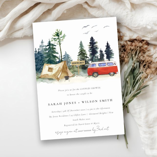 Invitation Chic Camping Aquarelle Pine Forêt Couples Douche (Créateur téléchargé)