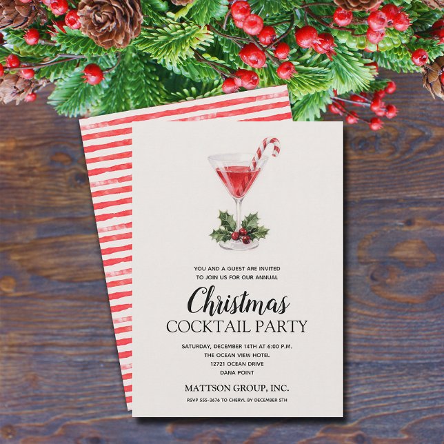 Invitation Chic Candy Cane Martini Christmas Cocktail Party (Chic candy cane, holly and berries Christmas martini cocktail party invitations)