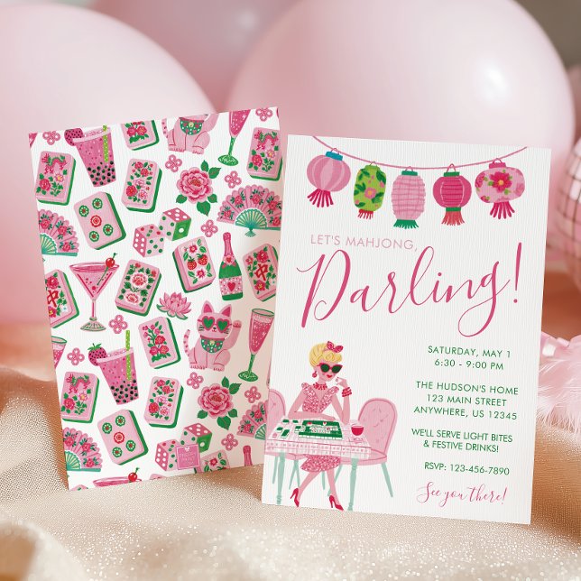 Invitation Chic Capriceux Rose & Vert Soirée Mahjong (Créateur téléchargé)