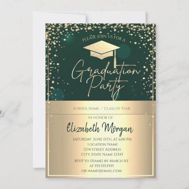 Invitation Chic Casquette Gold Grad, Diamants Green Graduatio (Devant)