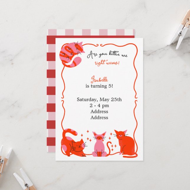 Invitation Chic Cat Kids Birthday Party (Devant/Arrière en situation)