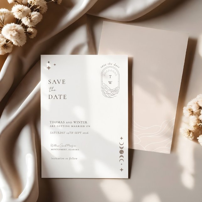 Invitation Chic Céleste Lune Étoiles Monogramme Enregistrer L (Chic Celestial Moon Stars Monogram Save The Date Invitation)