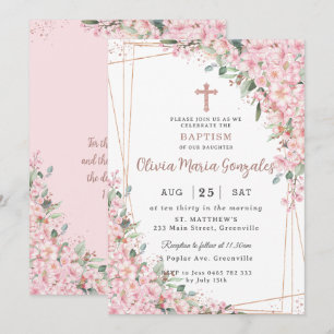Invitation Chic Cerise Blossoms Rose Gold Christening Baptême