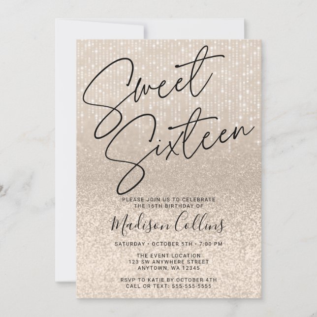 Invitation Chic Champagne Pailleté Sweet 16 (Devant)