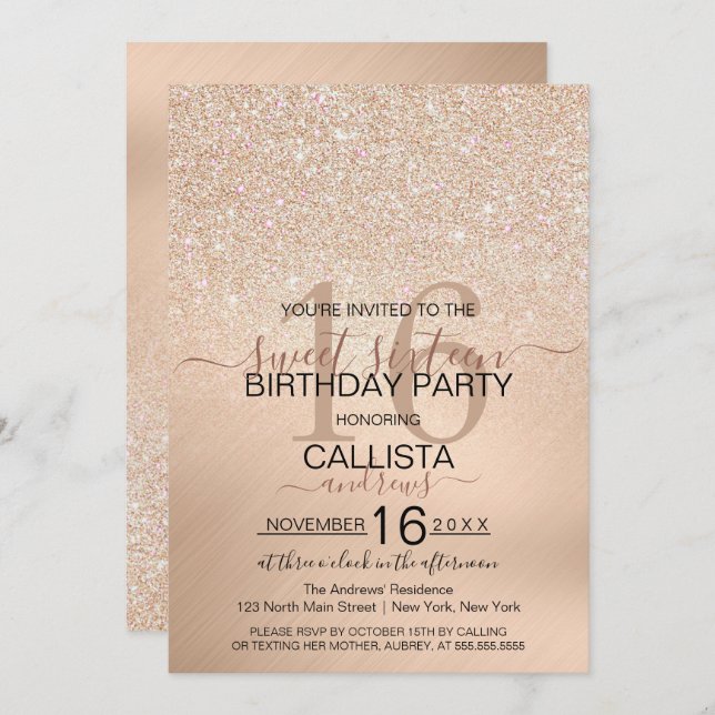 Invitation Chic Champagne Parties scintillant d'or Metallic S (Devant / Derrière)