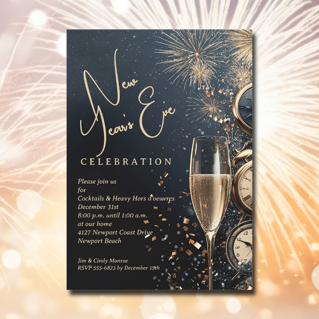 Invitation Chic Champagne Time New Year's Eve (Chic Champagne and Clocks New Year's Eve party invitations, PRINTED and/or INSTANT DOWNLOAD)