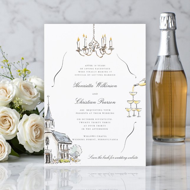 Invitation Chic Chapel Sketch Wedding website QR (Créateur téléchargé)