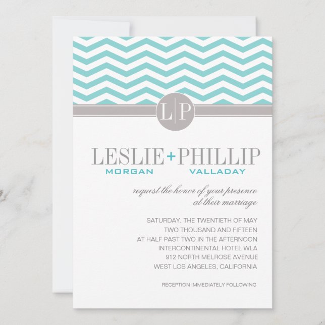 Invitation Chic Chevron Monogramme| Mariage turquoise (Devant)